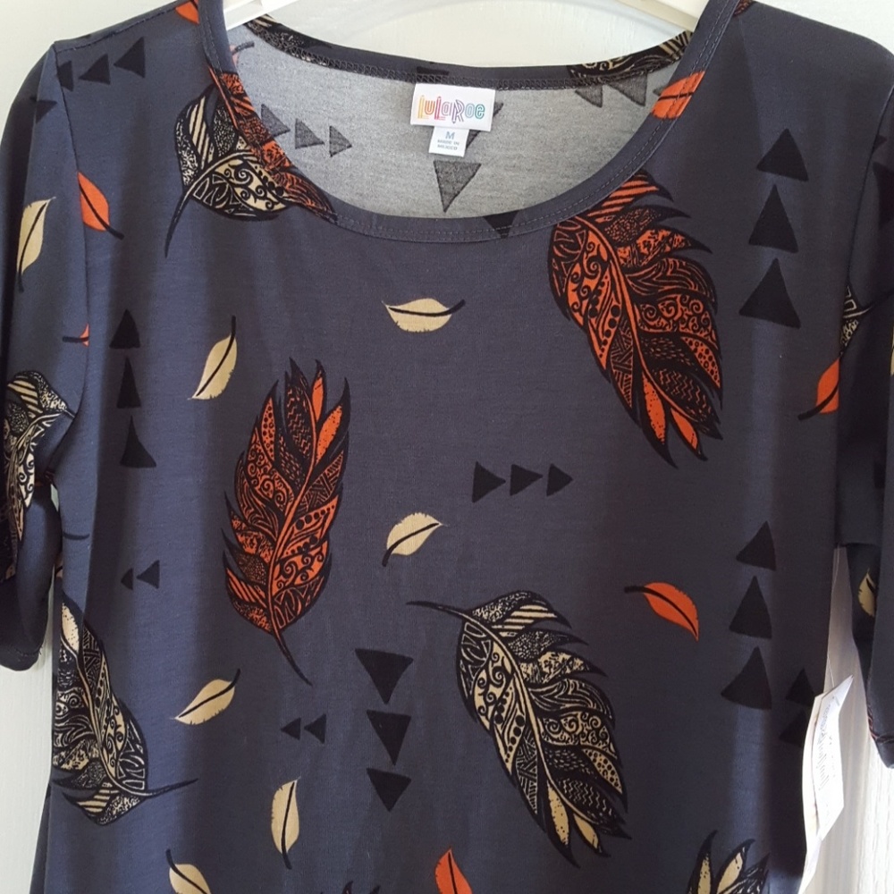 LuLaRoe Julia dress w feathers in gray sz M